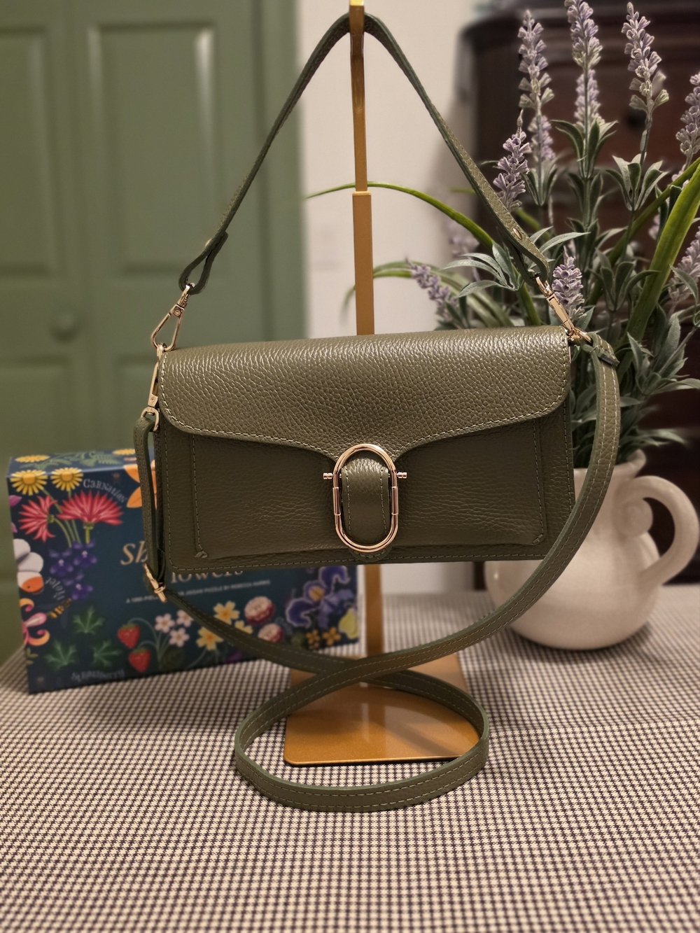 Leather Country Italy Olive Green Pebbled Leather Crossbody Flap Bag - Like New